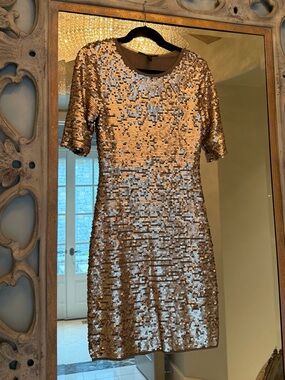 BCBGMaxAzria Gold Sequin Short Sleeve Mini Dress